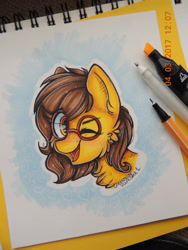 Size: 2121x2828 | Tagged: safe, artist:canadianpancake1, imported from derpibooru, oc, oc only, pony, bust, glasses, happy, headshot commission, marker drawing, one eye closed, pony oc, portrait, simple background, solo, traditional art, wink
