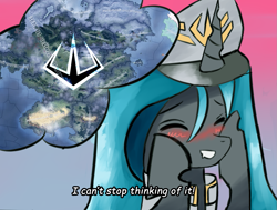 Size: 1543x1169 | Tagged: safe, artist:bacbko, imported from derpibooru, queen chrysalis, changeling, changeling queen, equestria at war mod, anime style, blushing, clothes, cute, cutealis, female, hearts of iron 4, map, meme, smiley face, smiling, subtitles, teeth, uniform