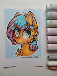 Size: 2121x2828 | Tagged: safe, artist:canadianpancake1, imported from derpibooru, oc, oc only, pony, blushing, bust, flower, headshot commission, marker drawing, pony oc, portrait, simple background, solo, traditional art