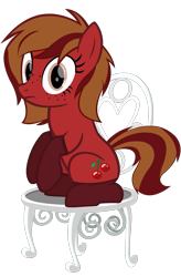 Size: 859x1312 | Tagged: safe, artist:thunder-blur, imported from derpibooru, oc, oc only, oc:cherry spirit, earth pony, pony, chair, clothes, earth pony oc, female, freckles, frown, full body, looking at you, mare, show accurate, simple background, sitting, socks, solo, tail, transparent background, two toned mane, two toned tail