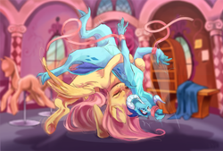 Size: 4000x2700 | Tagged: safe, artist:peachez, imported from derpibooru, fluttershy, princess ember, dragon, pegasus, pony, fanfic:crossing the trixie bridge, commission, fanfic art, female, fight, mare, ponyquin, sports, suplex, underhoof, window, wrestling