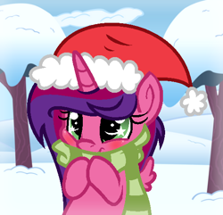 Size: 528x508 | Tagged: safe, artist:darbypop1, imported from derpibooru, oc, oc only, oc:alyssa rice, alicorn, pony, chibi, christmas, clothes, female, hat, holiday, mare, santa hat, scarf, snow, solo, starry eyes, tree, wingding eyes