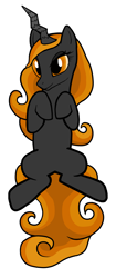 Size: 4400x10500 | Tagged: safe, artist:coreyscorner, artist:rebeldash, imported from derpibooru, oc, oc only, oc:void star, pony, unicorn, black coat, crooked horn, eyelashes, female, hooves to the chest, horn, long horn, long mane, long tail, mare, orange eyes, orange mane, orange tail, original art, original character do not steal, simple background, solo, tail, void star, white background