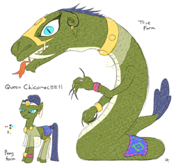 Size: 1995x1893 | Tagged: safe, artist:underwoodart, imported from derpibooru, oc, oc:chicomecoatl, pony, serpent, snake, aztec, fangs, forked tongue, jewelry, palette, royalty, scales, simple background, slit eyes, slit pupils, the tale of two sisters, transformation