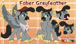 Size: 3733x2200 | Tagged: safe, artist:breioom, imported from derpibooru, oc, oc only, oc:faber greyfeather, bird, hippogriff, quail, hat, hippogriff oc, male, reference sheet, shamag, solo, stallion