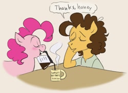 Size: 1002x730 | Tagged: dead source, safe, artist:andressuperhell, artist:smol_andriusha, imported from derpibooru, cheese sandwich, pinkie pie, earth pony, pony, bust, cheesepie, clothes, coffee, eyes closed, female, male, mare, morning ponies, mouth hold, shipping, sleepy, stallion, straight, talking