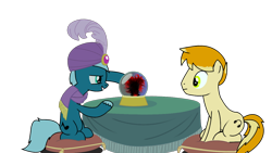 Size: 1366x768 | Tagged: safe, artist:lazymort, imported from derpibooru, oc, oc only, oc:mort elstar, oc:olavsson, pony, it's about time, crystal ball, mystical orb, orb, pillow, table, transparent background