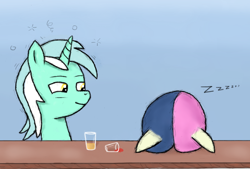 Size: 706x476 | Tagged: safe, artist:lazymort, imported from derpibooru, bon bon, lyra heartstrings, sweetie drops, pony, berrytube, drunk, simple background, sleeping