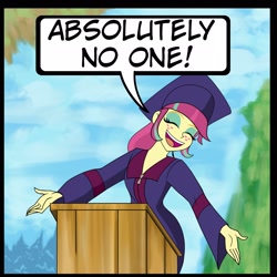 Size: 2048x2048 | Tagged: safe, artist:dncsamsonart, artist:malevolentsamson, imported from derpibooru, sour sweet, equestria girls, comic, eyes closed, graduation, graduation cap, harley quinn (2019), hat, smiling, speech, talking