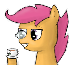 Size: 570x505 | Tagged: safe, artist:lazymort, imported from derpibooru, scootaloo, pony, bust, food, monocle, simple background, solo, tea, white background