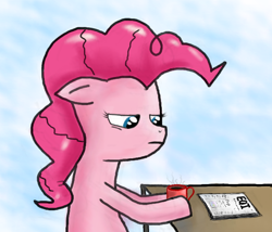 Size: 642x549 | Tagged: safe, artist:lazymort, imported from derpibooru, pinkie pie, pony, coffee mug, mug, newspaper, simple background, solo