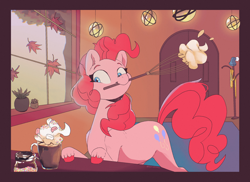 Size: 2636x1917 | Tagged: safe, artist:slowpoke, imported from derpibooru, pinkie pie, earth pony, pony, autumn, chocolate, crepuscular rays, food, hot chocolate, leaves, marshmallow, mouth hold, sprinkles, unshorn fetlocks, whipped cream, whisk