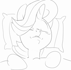 Size: 1000x981 | Tagged: safe, artist:baigak, imported from derpibooru, starlight glimmer, pony, unicorn, female, mare, monochrome, pillow, simple background, sketch, sleeping, solo, white background