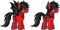 Size: 2750x1395 | Tagged: safe, artist:lightningbolt, derpibooru exclusive, imported from derpibooru, bat pony, pony, .svg available, bat wings, clandestine industries, clothes, ear fluff, fall out boy, fangs, folded wings, happy, hood, hoodie, male, messy mane, messy tail, pete wentz, ponified, reference, shirt, show accurate, simple background, slit eyes, slit pupils, solo, spread wings, stallion, svg, tattoo, transparent background, undershirt, vector, wings, zipper