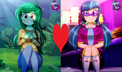 Size: 3000x1773 | Tagged: safe, artist:the-butch-x, edit, imported from derpibooru, juniper montage, wallflower blush, equestria girls, clothes, female, heart, juniblush, lesbian, shipping, shipping domino, socks