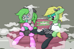 Size: 2794x1837 | Tagged: safe, artist:moonatik, imported from derpibooru, oc, oc only, oc:lemming, oc:trivial pursuit, earth pony, pony, beanie, bong, bow, clothes, commission, couch, crossdressing, drugs, femboy, gray background, hat, male, marijuana, necktie, school uniform, simple background, skirt, smoke, socks, stallion, stoner, striped socks, tights, vulgar