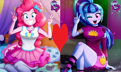 Size: 3000x1773 | Tagged: safe, artist:the-butch-x, edit, imported from derpibooru, pinkie pie, sonata dusk, equestria girls, clothes, female, heart, lesbian, pinata (ship), shipping, shipping domino, socks, striped socks