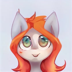 Size: 1024x1024 | Tagged: safe, artist:thisponydoesnotexist, imported from derpibooru, oc, oc only, earth pony, pony, ai content, ai generated, big ears, cute, generator:thisponydoesnotexist, green eyes, happy, large ears, neural network, orange mane, smiling, solo, white coat