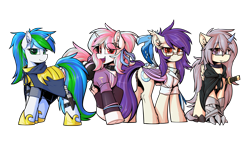 Size: 3779x2160 | Tagged: safe, artist:movieskywalker, derpibooru exclusive, imported from derpibooru, oc, oc only, oc:cyanine willow, oc:moontrace, oc:sunset cloudy, bat pony, dracony, dragon, hybrid, phoenix, pony, unicorn, derpibooru community collaboration, 2021 community collab, armor, bat pony oc, bat wings, cloak, clothes, crystal horn, doctor, dracony oc, female, females only, frog (hoof), glasses, green eyes, group, group photo, hoof shoes, horn, looking at you, multicolored eyes, multicolored hair, red eyes, royal guard, shorts, simple background, smiling, sports outfit, sports shorts, transparent background, underhoof, unicorn oc, uniform, white skin, wings, yellow skin