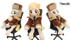 Size: 1280x720 | Tagged: safe, artist:nekokevin, imported from derpibooru, imported from ponybooru, march gustysnows, earth pony, pony, clothes, female, hat, irl, jacket, lidded eyes, life size, looking at you, mare, necktie, photo, plushie, raised hoof, shirt, side view, sitting, smiling, solo, underhoof