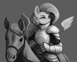 Size: 2000x1600 | Tagged: safe, artist:mrscroup, imported from derpibooru, fluttershy, anthro, horse, pegasus, pony, anthros riding horses, armor, badass, celestia's cutie mark, floating wings, flutterbadass, flutterknight, furry confusion, gray background, grayscale, monochrome, ponies riding horses, princess celestia's cutie mark, riding, simple background, wings