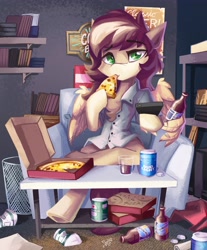 Size: 3391x4096 | Tagged: safe, artist:saxopi, imported from derpibooru, oc, oc only, pegasus, pony, alcohol, ale, armchair, beer, book, bookshelf, clothes, couch, food, green eyes, pizza, shirt, solo, table, wing hands, wings