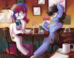 Size: 4096x3264 | Tagged: safe, artist:saxopi, imported from derpibooru, oc, oc only, oc:tinker doo, pegasus, pony, unicorn, cafe, chair, coffee, duo, glasses, headphones, heterochromia, lamp, mug, picture frame, table