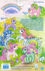 Size: 709x1119 | Tagged: safe, imported from derpibooru, blueberry baskets, boysenberry pie, cherry treats, cranberry muffins, raspberry jam, strawberry surprise, bee, insect, pony, backcard, backcard story, barcode, basket, berries, berry, bow, g1, hair bow, mane bow, official, pun, sweetberry ponies, tail bow, trellis, vine