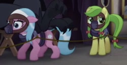 Size: 370x191 | Tagged: safe, imported from derpibooru, screencap, aloe, apple fritter, earth pony, pony, my little pony: the movie, apple family member, collar, duo, gag, harness, muzzle gag, tack, you know for kids