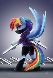 Size: 1506x2200 | Tagged: safe, artist:tsitra360, imported from derpibooru, rainbow dash, pegasus, pony, bipedal, clothes, cosplay, costume, crossover, female, k/da, league of legends, looking at you, mare, solo, spread wings, video game crossover, wings