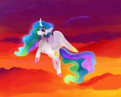 Size: 2300x1840 | Tagged: safe, artist:mylittlegodzilla, imported from derpibooru, princess celestia, alicorn, pony, curved horn, cutie mark, flying, glowing mane, horn, missing accessory, sky, smiling, solo, sunset, unshorn fetlocks