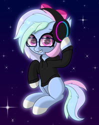 Size: 2778x3512 | Tagged: safe, artist:windy-pony, artist:windykirin, imported from derpibooru, oc, oc only, oc:parity bit, earth pony, pony, clothes, cute, female, glasses, headphones, hoodie, mare, solo
