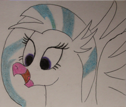 Size: 541x462 | Tagged: safe, artist:polar_storm, imported from derpibooru, silverstream, classical hippogriff, hippogriff, bust, female, partial color, purple eyes, simple background, smiling, solo, traditional art, white background