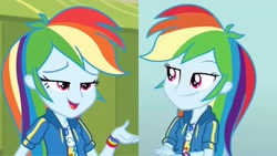 Size: 2289x1288 | Tagged: safe, edit, imported from derpibooru, screencap, rainbow dash, equestria girls, equestria girls series, holidays unwrapped, rollercoaster of friendship, spoiler:eqg series (season 2), clothes, comparison, geode of super speed, jacket, magical geodes