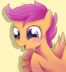 Size: 1024x1125 | Tagged: safe, artist:nnaly, imported from derpibooru, scootaloo, pegasus, pony, bread, breakfast, croissant, cute, cutealoo, female, filly, food, misleading thumbnail, simple background, solo, yellow background