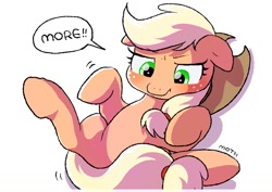 Size: 1457x1032 | Tagged: safe, artist:mochi_nation, imported from derpibooru, applejack, earth pony, pony, bellyrub request, blushing, cute, freckles, implied belly rubs, jackabetes, lying down, on back, silly, silly pony, simple background, solo, speech bubble, white background, who's a silly pony