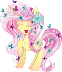 Size: 3662x4215 | Tagged: safe, artist:illumnious, imported from derpibooru, fluttershy, butterfly, pony, unicorn, leak, spoiler:g5, adobe illustrator, butterfly on horn, eyes closed, eyeshadow, female, flower, fluttershy (g5 concept leak), g5, g5 concept leak style, g5 concept leaks, makeup, simple background, smiling, solo, transparent background, vector