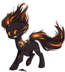 Size: 2600x2877 | Tagged: safe, alternate version, artist:higgly-chan, imported from derpibooru, oc, oc only, oc:cinderheart, elemental pony, pony, unicorn, arrow, arrows, ash, background removed, commission, cracked, demi-god, embers, female, glow, glowing, gritted teeth, high res, male, mare, neck, raised hoof, red eyes, simple background, smoke, solo, transparent background, trap