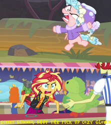 Size: 1920x2160 | Tagged: safe, edit, edited screencap, imported from derpibooru, screencap, cozy glow, sunset shimmer, equestria girls, equestria girls series, frenemies (episode), rollercoaster of friendship, angry, comparison, it's not about the parakeet, rage, rageset shimmer, shrunken pupils, shut the fuck up, vulgar