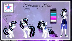 Size: 1080x619 | Tagged: safe, artist:rxndxm.artist, imported from derpibooru, oc, oc:shooting star, pony, unicorn, equestria girls, clothes, equestria girls-ified, ethereal mane, eyelashes, female, galaxy mane, horn, jewelry, mare, necklace, reference sheet, shoes, sitting, skirt, smiling, unicorn oc