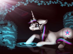 Size: 1080x810 | Tagged: safe, artist:rxndxm.artist, imported from derpibooru, oc, oc only, oc:shooting star, pony, unicorn, eyelashes, female, horn, lying down, mare, pond, prone, reflection, unicorn oc