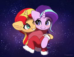 Size: 2600x2000 | Tagged: safe, artist:freeedon, imported from derpibooru, starlight glimmer, sunset shimmer, pony, unicorn, abstract background, blushing, bust, christmas, clothes, coat, commission, cute, duo, ear fluff, female, high res, holiday, hug, lesbian, looking at each other, mare, one eye closed, scarf, shared clothing, shared scarf, shimmerglimmer, shipping, smiling, snuggling, starry background, stars, sweater