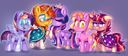 Size: 1936x854 | Tagged: safe, artist:awoomarblesoda, imported from derpibooru, luster dawn, sunburst, twilight sparkle, oc, oc:dawn light, oc:tarot spell, alicorn, pony, female, kissing, male, offspring, parent:sunburst, parent:twilight sparkle, parents:twiburst, shipping, straight, twiburst, twilight sparkle (alicorn)