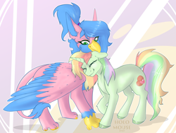 Size: 3778x2848 | Tagged: safe, imported from derpibooru, oc, oc:mamaponk, oc:rainbowpotato, griffon, pony, cute, friends, griffon oc, hug, nuzzling, shipping