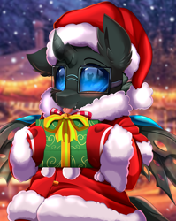 Size: 2550x3209 | Tagged: safe, artist:pridark, imported from derpibooru, oc, oc only, oc:tarsi, changeling, blushing, christmas, christmas changeling, clothes, commission, costume, cute, cuteling, glasses, hat, holiday, ocbetes, present, wings, ych result