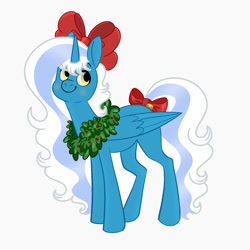 Size: 1024x1024 | Tagged: safe, artist:riofluttershy, imported from derpibooru, oc, oc:fleurbelle, alicorn, adorabelle, alicorn oc, blushing, bow, christmas, cute, female, hair bow, happy, holiday, horn, mare, smiling, tail bow, wings, wreath, yellow eyes