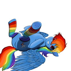 Size: 1000x1000 | Tagged: artist needed, safe, imported from derpibooru, rainbow dash, pegasus, pony, backwards cutie mark, clothes, eye clipping through hair, lying down, on back, rainbow socks, simple background, socks, solo, spread wings, striped socks, underhoof, white background, wings