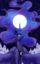 Size: 1181x1900 | Tagged: safe, artist:inuhoshi-to-darkpen, imported from derpibooru, princess luna, alicorn, pony, chest fluff, crown, ear fluff, full moon, hoof fluff, jewelry, looking up, moon, regalia, snow, tree, wing fluff, winter