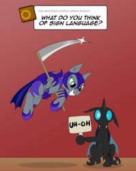 Size: 540x680 | Tagged: safe, artist:zoarvek, imported from derpibooru, oc, oc:pun, changeling, pony, ask pun, agent 707, ask, imminent death, scythe, sign