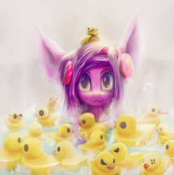 Size: 1500x1511 | Tagged: safe, artist:stdeadra, imported from derpibooru, oc, oc only, bird, duck, earth pony, pony, bath, bathing, bathroom, big ears, big eyes, bubble, cute, headphones, impossibly large ears, purple, rubber duck, solo